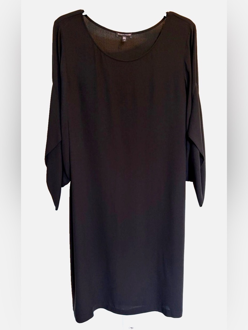 Eileen Fisher 100% Silk Dress S Black Dolman Sleeve Shift Minimalist